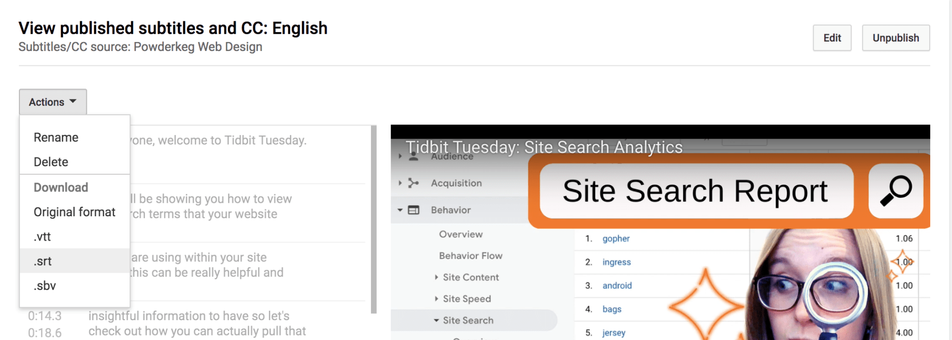 options dropdown under subtitles allowing for an srt file download