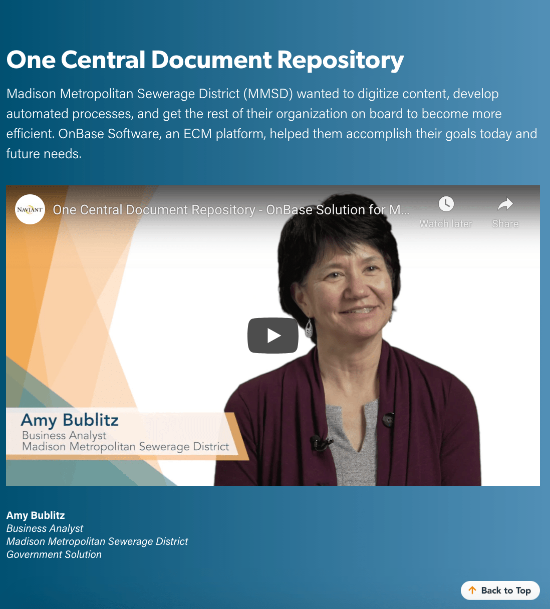 Customer video testimonial featured on Naviant's website