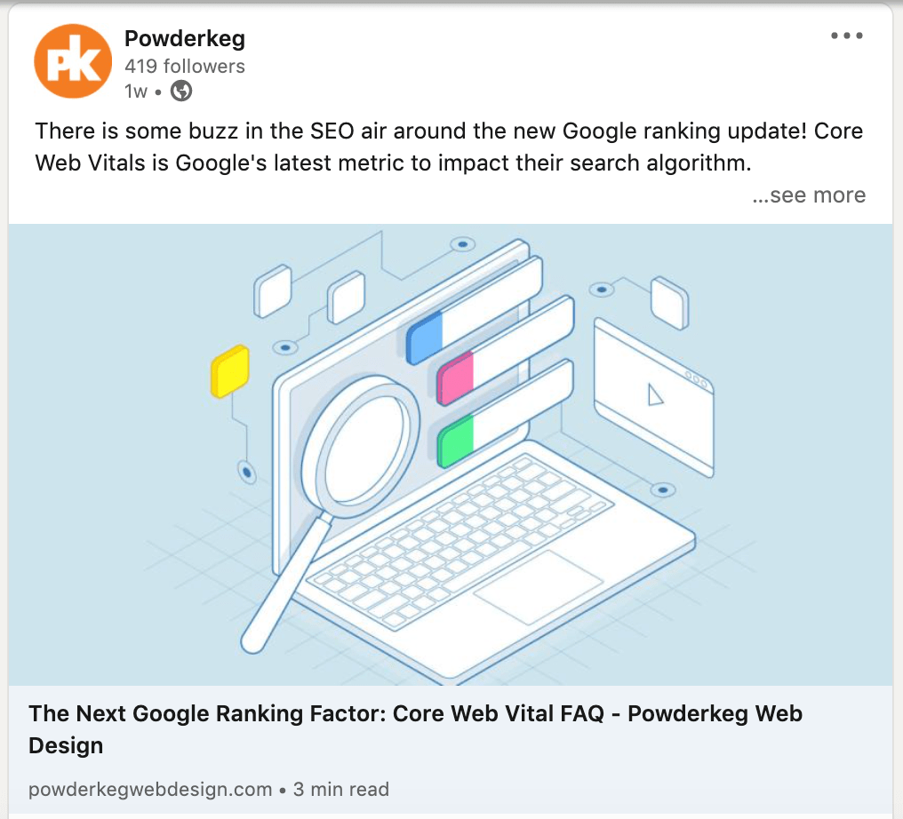Google ranking update post on LinkedIn from Powderkeg's profile