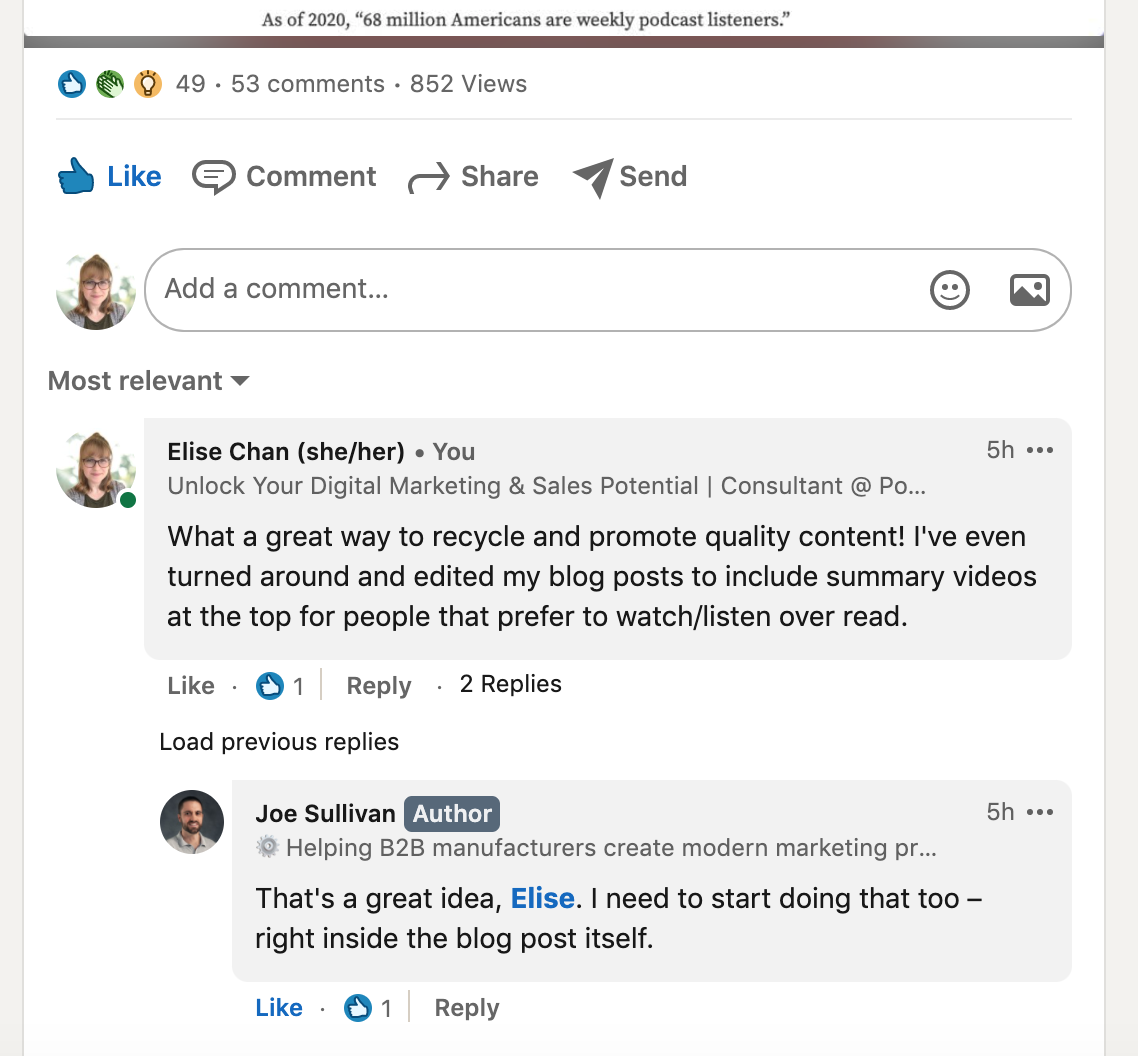 Screenshot of Elise leaving a comment on a post suggesting how to recycle content