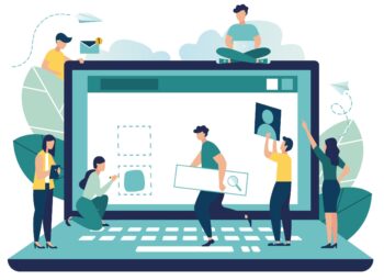 Cartoon of people on a laptop