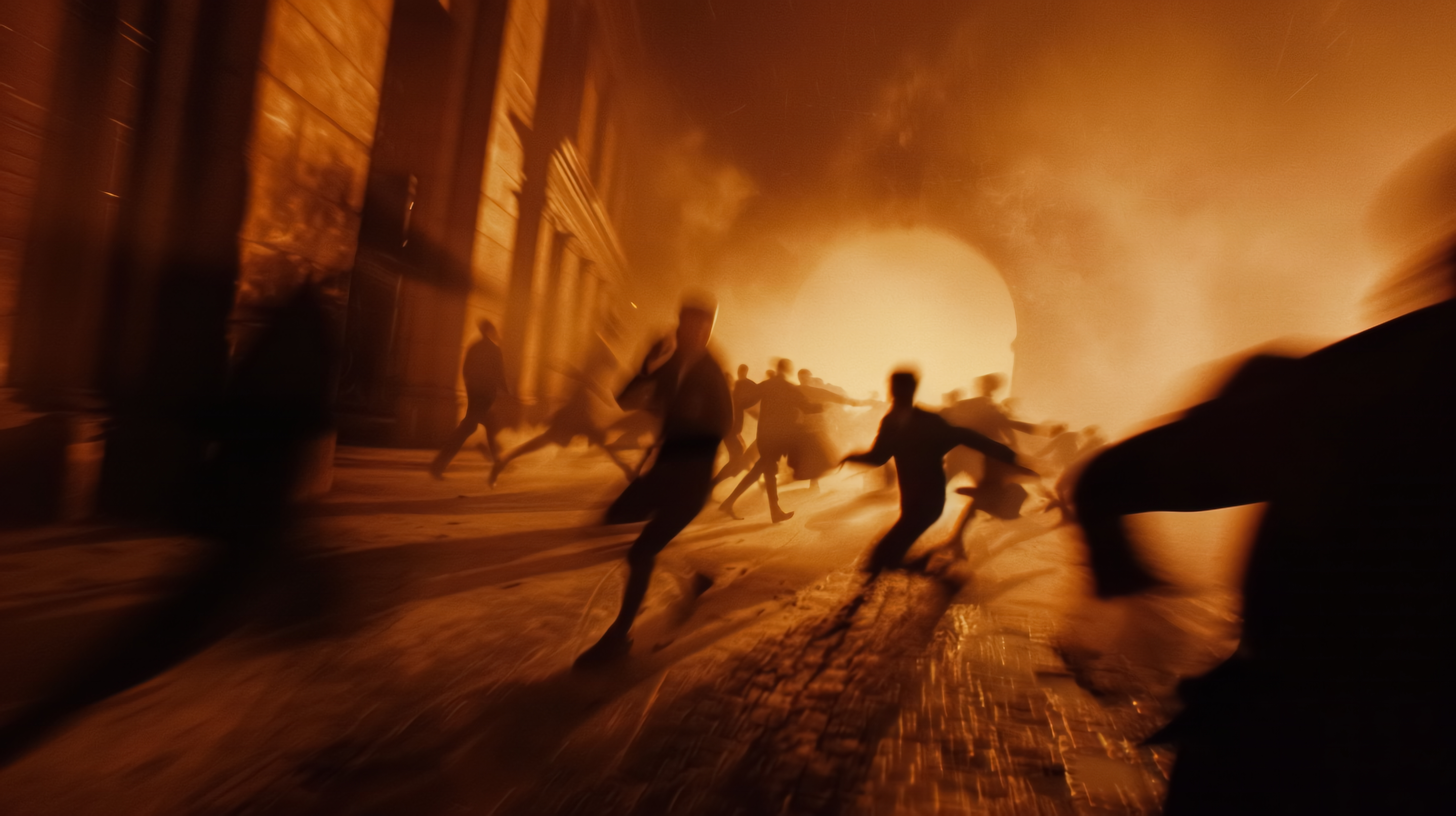 Crowd running through smoky, fiery street scene in a haunted attraction