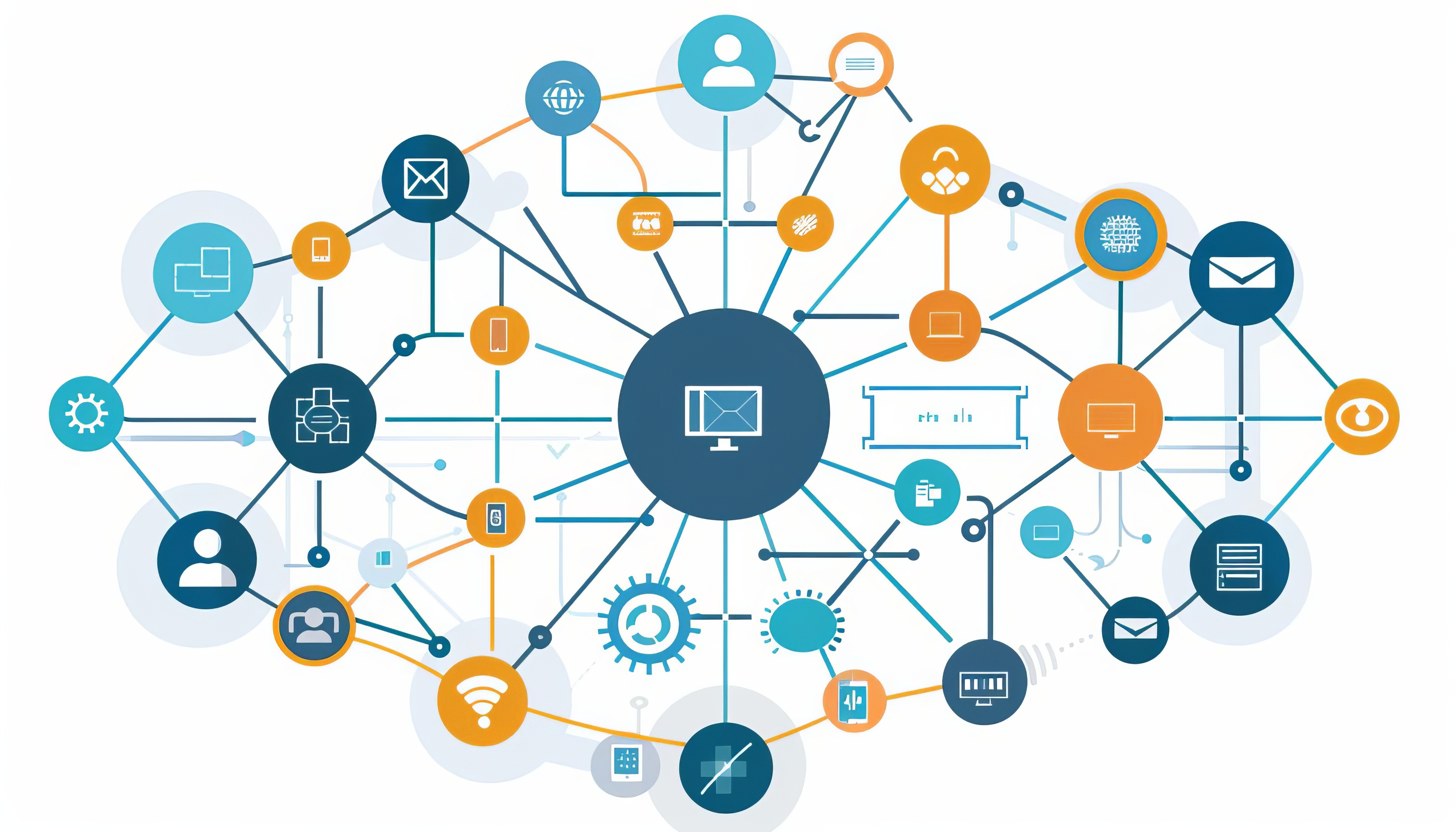 Digital touchpoints and channels connected in a network to illustrate the customer journey on website experiences.
