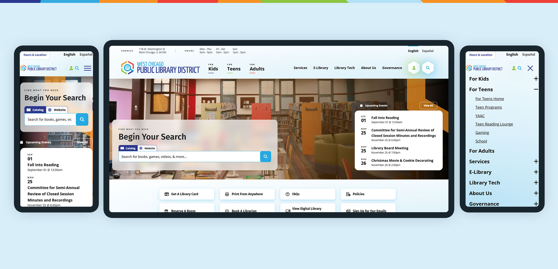 Responsive library website design for West Chicago Public Library District.