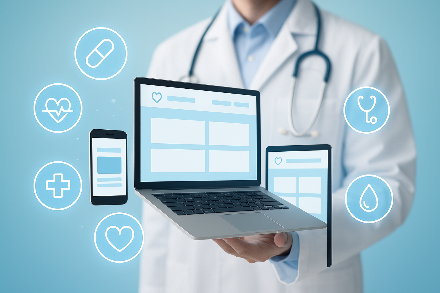 A doctor holding a stethoscope with digital medical icons and healthcare website interfaces floating around multiple devices.
